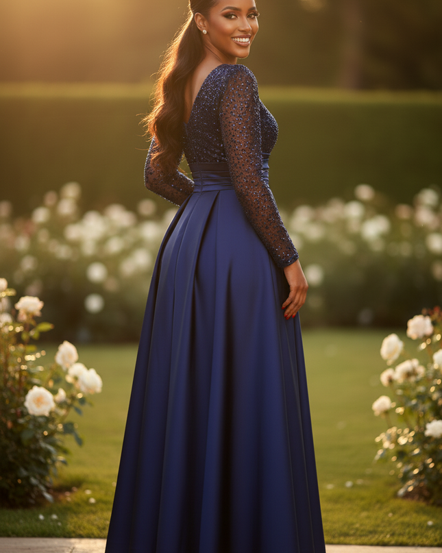 Navyblaues Glitzerkleid lang mit Langarm - Ansicht 2