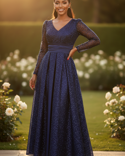 Navyblaues Glitzerkleid lang mit Langarm - Ansicht 3