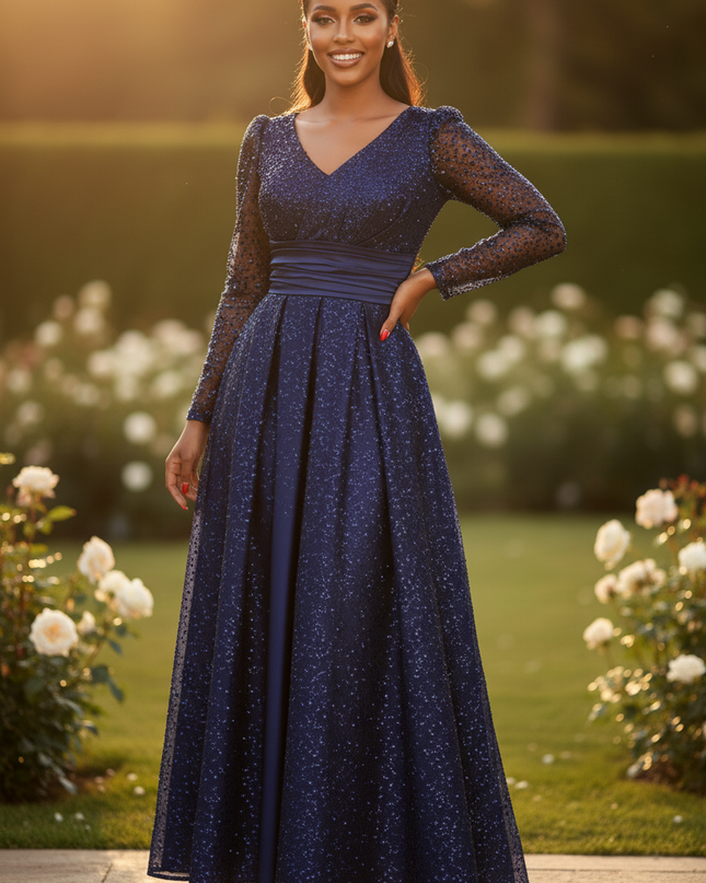 Navyblaues Glitzerkleid lang mit Langarm - Ansicht 3