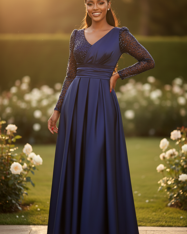 Navyblaues Glitzerkleid lang mit Langarm - Ansicht 4