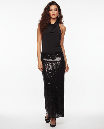 Schwarzes Neckholder Glitzerkleid Pailletten - Ansicht 5