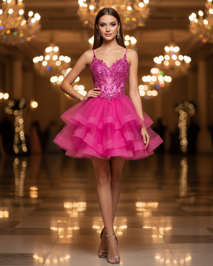 Ein neonpinkes Glitzerkleid kurz - Ansicht 1