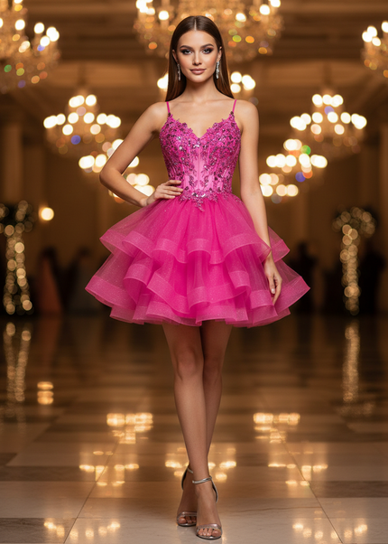 Ein neonpinkes Glitzerkleid kurz - Ansicht 1