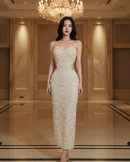 Nude Glitzerkleid mit Perlen knoechellang - Ansicht 1