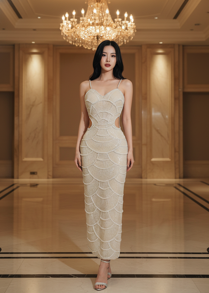 Nude Glitzerkleid mit Perlen knoechellang - Ansicht 1