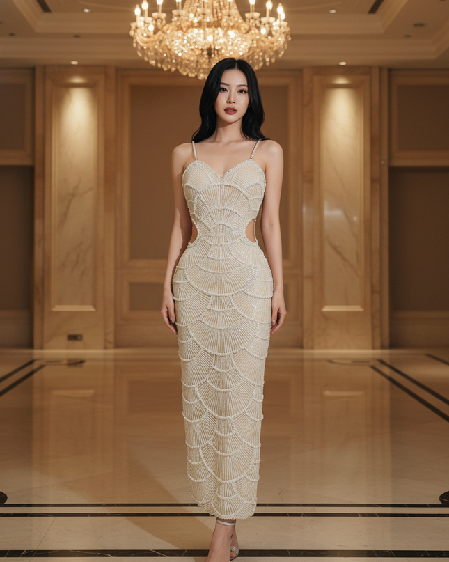 Nude Glitzerkleid mit Perlen knoechellang - Ansicht 1