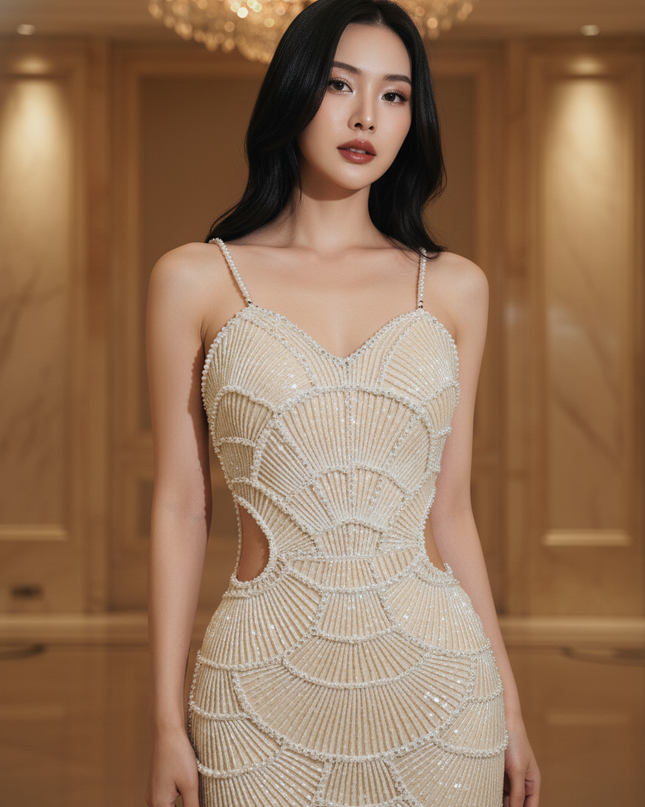 Nude Glitzerkleid mit Perlen knoechellang - Ansicht 4