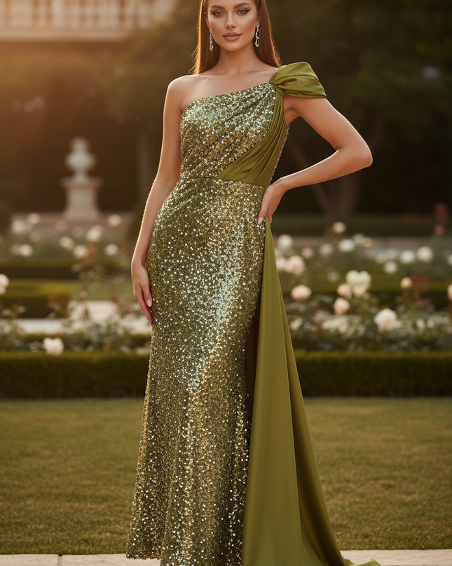 Gruenes Glitzerkleid mit One Shoulder - Ansicht 1