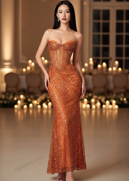 Oranges Pailletten Meerjungfrau Kleid - Ansicht 1