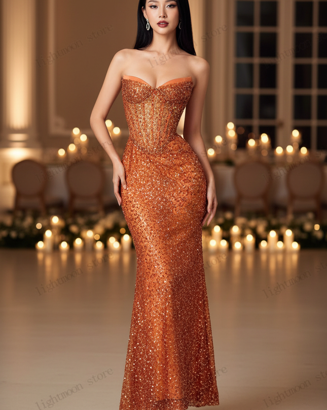 Oranges Pailletten Meerjungfrau Kleid - Ansicht 1