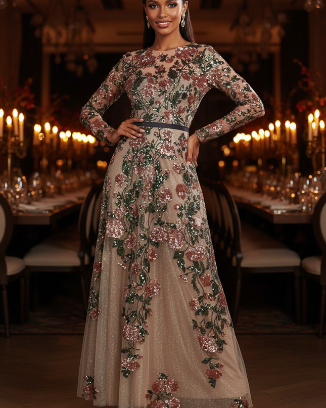 Buntes Pailletten Kleid Langarm Lang - Ansicht 1