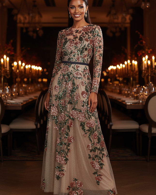 Buntes Pailletten Kleid Langarm Lang - Ansicht 3