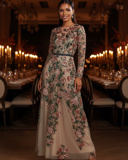 Buntes Pailletten Kleid Langarm Lang - Ansicht 4