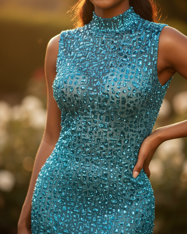 Petrol Glitzerkleid mit Strasssteinen - Ansicht 4