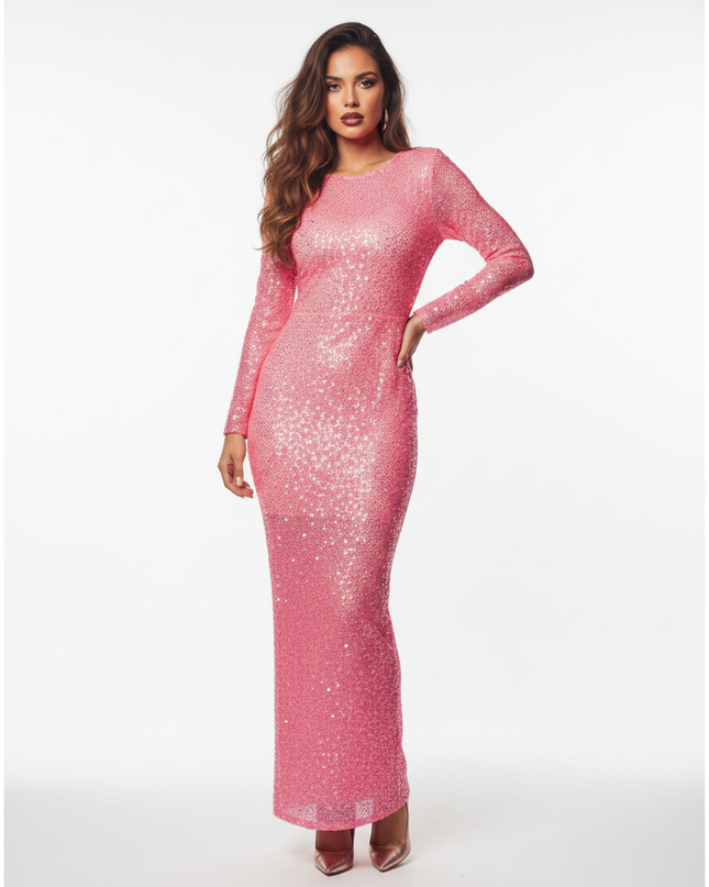 Pink Glitzer Kleid Langarm Pailletten - Ansicht 5