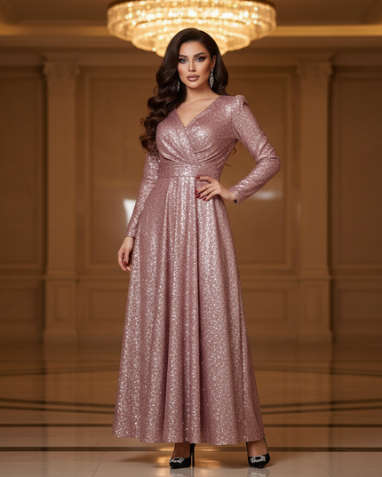 Pinkes Glitzer Abendkleid Langarm - Ansicht 1