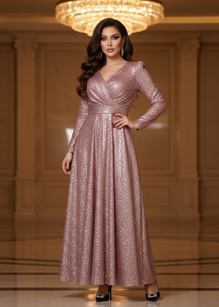 Pinkes Glitzer Abendkleid Langarm - Ansicht 1