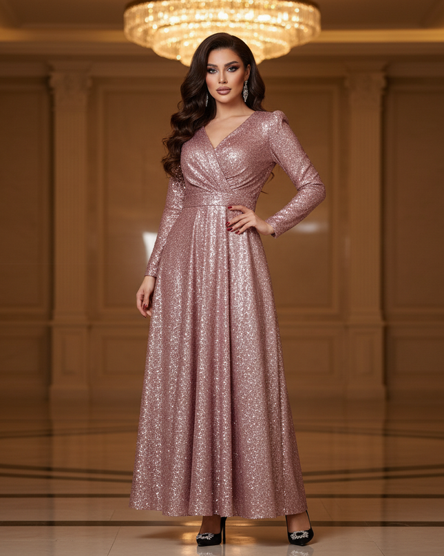 Pinkes Glitzer Abendkleid Langarm - Ansicht 1