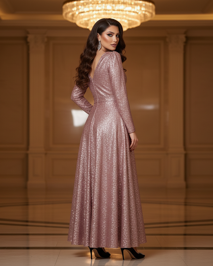 Pinkes Glitzer Abendkleid Langarm - Ansicht 2