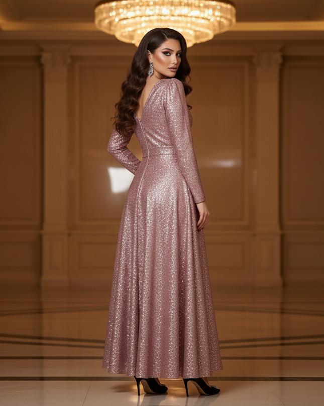 Pinkes Glitzer Abendkleid Langarm - Ansicht 2