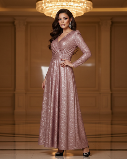 Pinkes Glitzer Abendkleid Langarm - Ansicht 3