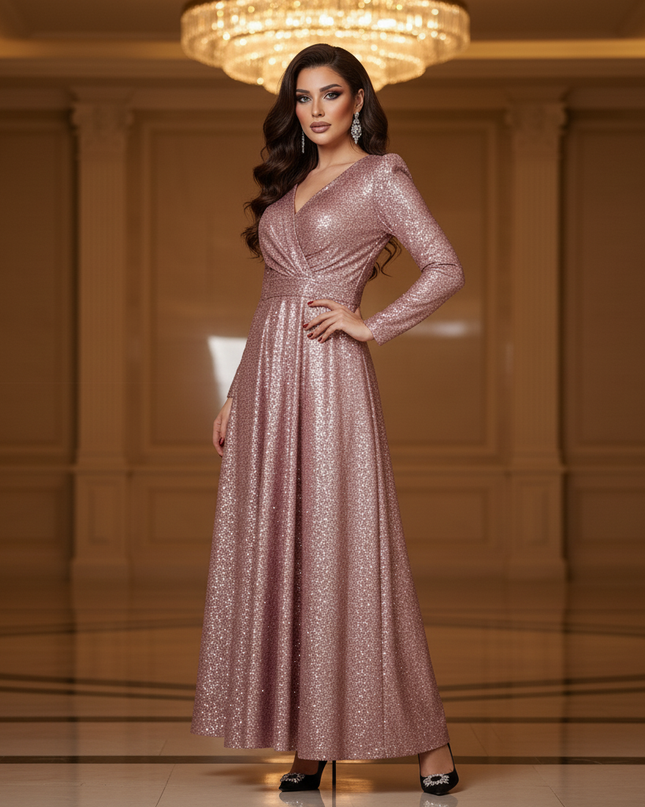 Pinkes Glitzer Abendkleid Langarm - Ansicht 3