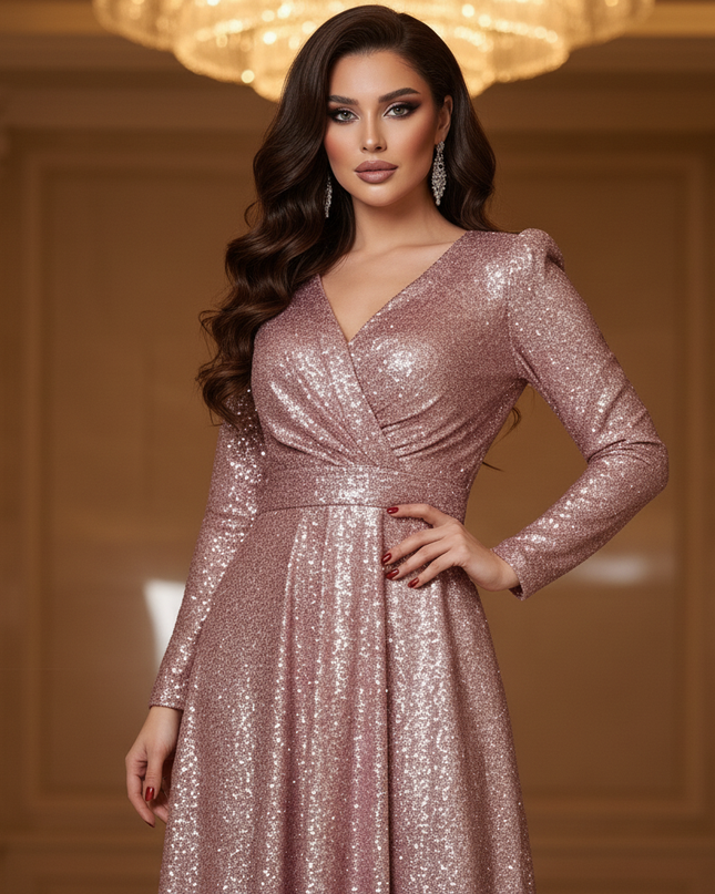 Pinkes Glitzer Abendkleid Langarm - Ansicht 4