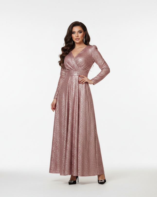 Pinkes Glitzer Abendkleid Langarm - Ansicht 5