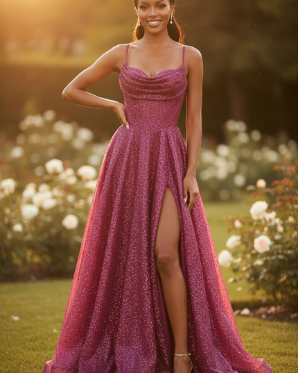 Langes pinkes Glitzerkleid mit Trager - Ansicht 1
