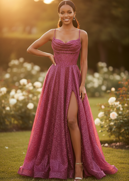 Langes pinkes Glitzerkleid mit Trager - Ansicht 1