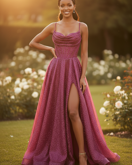 Langes pinkes Glitzerkleid mit Trager - Ansicht 3