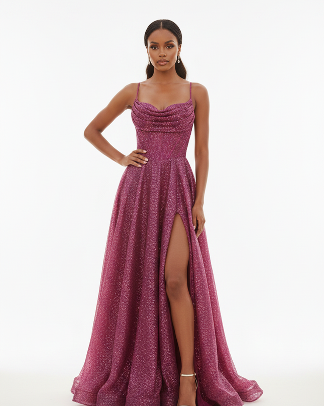 Langes pinkes Glitzerkleid mit Trager - Ansicht 5