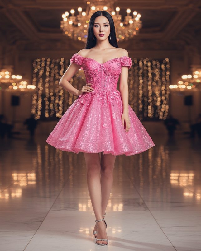 Pinkes Glitzerkleid aus Tull - Ansicht 1