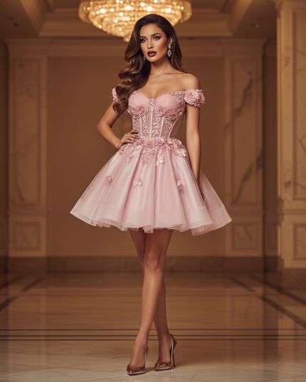 Pinkes Glitzerkleid 3D Blumen Kurz - Ansicht 1