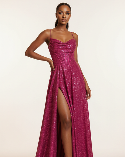 Pinkes Glitzerkleid Korsett Lang - Ansicht 5