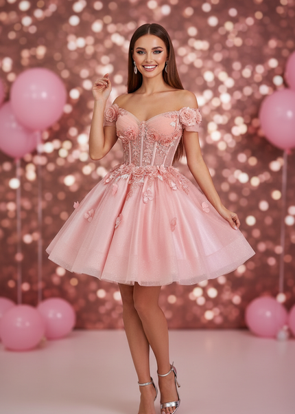 Pinkes Glitzerkleid Sweetheart Kurz - Ansicht 1