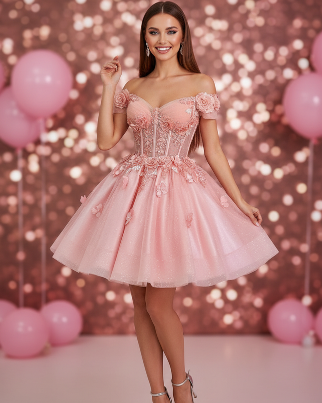 Pinkes Glitzerkleid Sweetheart Kurz - Ansicht 1