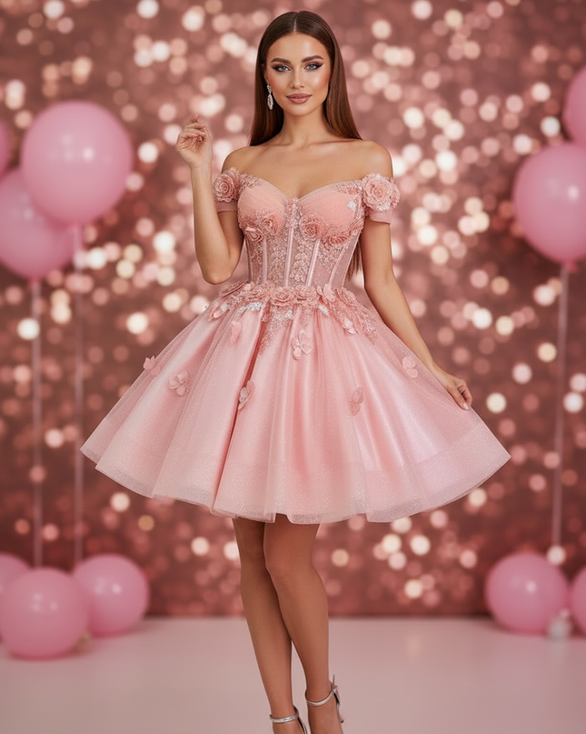 Pinkes Glitzerkleid Sweetheart Kurz - Ansicht 3