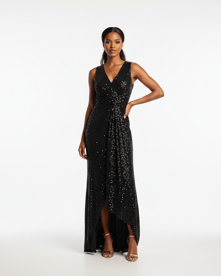 Rabenschwarzes Glitzerkleid bodenlang - Ansicht 5