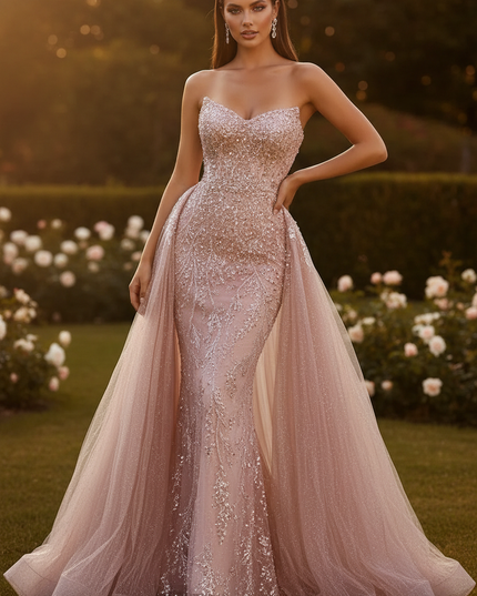Langes Rosa Glitzerkleid mit Spitze - Ansicht 1