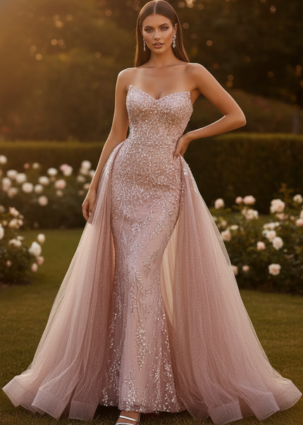 Langes Rosa Glitzerkleid mit Spitze - Ansicht 1