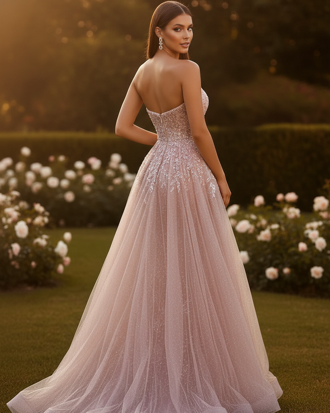 Langes Rosa Glitzerkleid mit Spitze - Ansicht 2