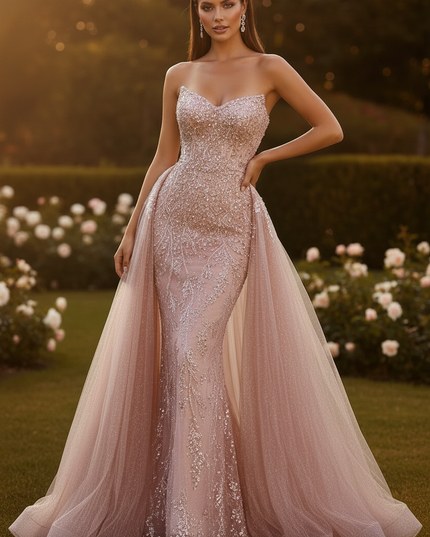 Langes Rosa Glitzerkleid mit Spitze - Ansicht 3
