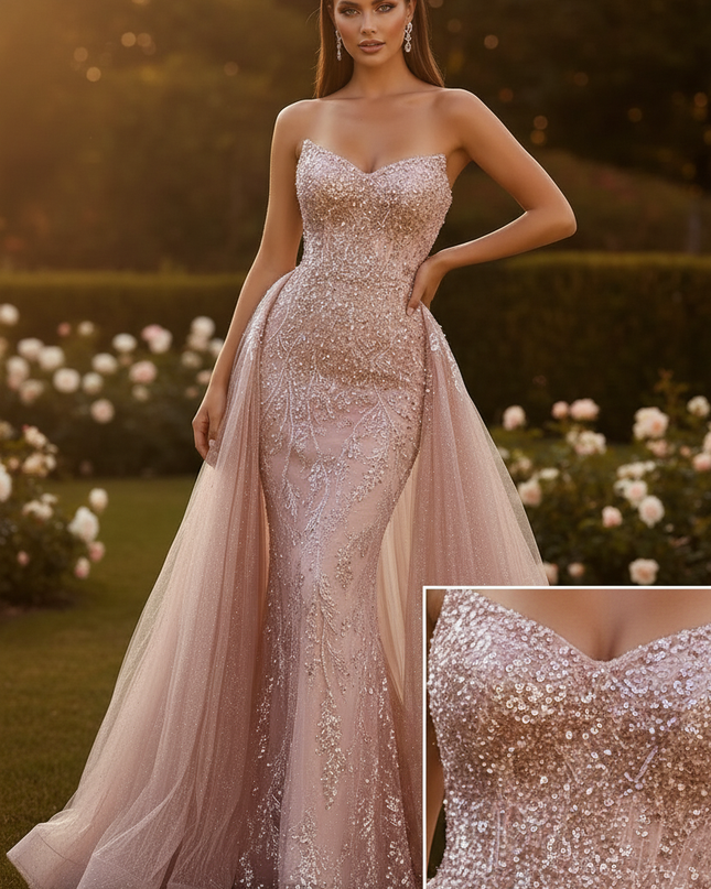 Langes Rosa Glitzerkleid mit Spitze - Ansicht 4