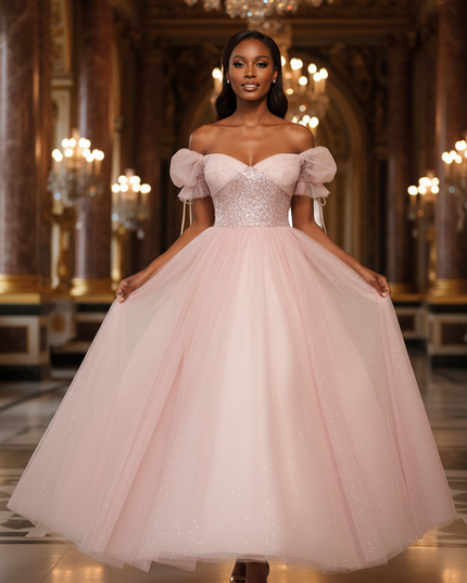 Rosa Glitzer Kleid Puffaermel Lang - Ansicht 1