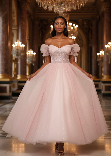 Rosa Glitzer Kleid Puffaermel Lang - Ansicht 1