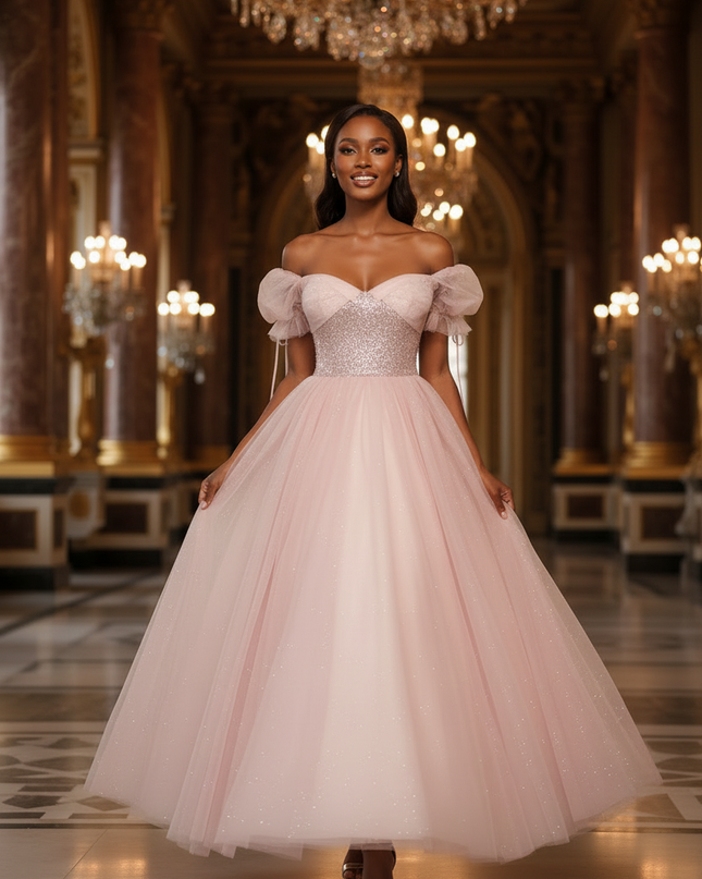 Rosa Glitzer Kleid Puffaermel Lang - Ansicht 3