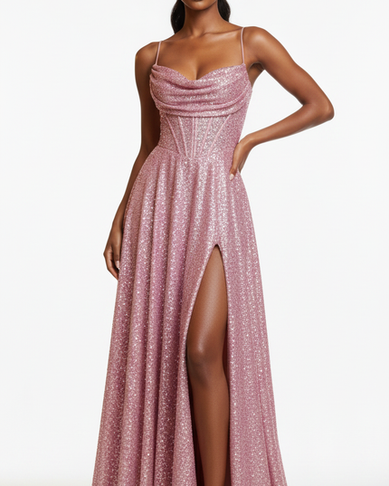 Rosa Pailletten Kleid mit Schlitz und Trager - Ansicht 5
