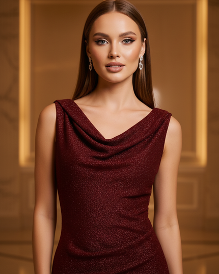 Rotes Glitzerkleid Midi Bodycon Damen - Ansicht 4
