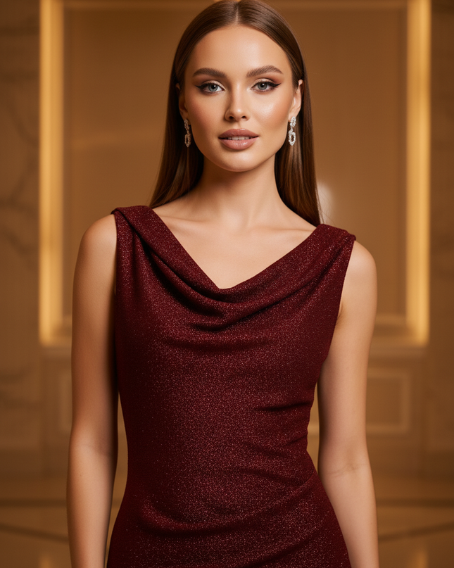 Rotes Glitzerkleid Midi Bodycon Damen - Ansicht 4